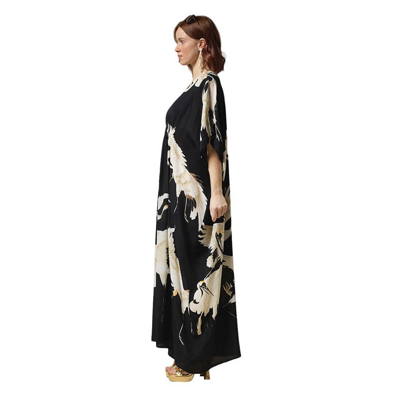 One Hundred Stars Margeux Kaftan Stork Black KAMSTOBLK on model side