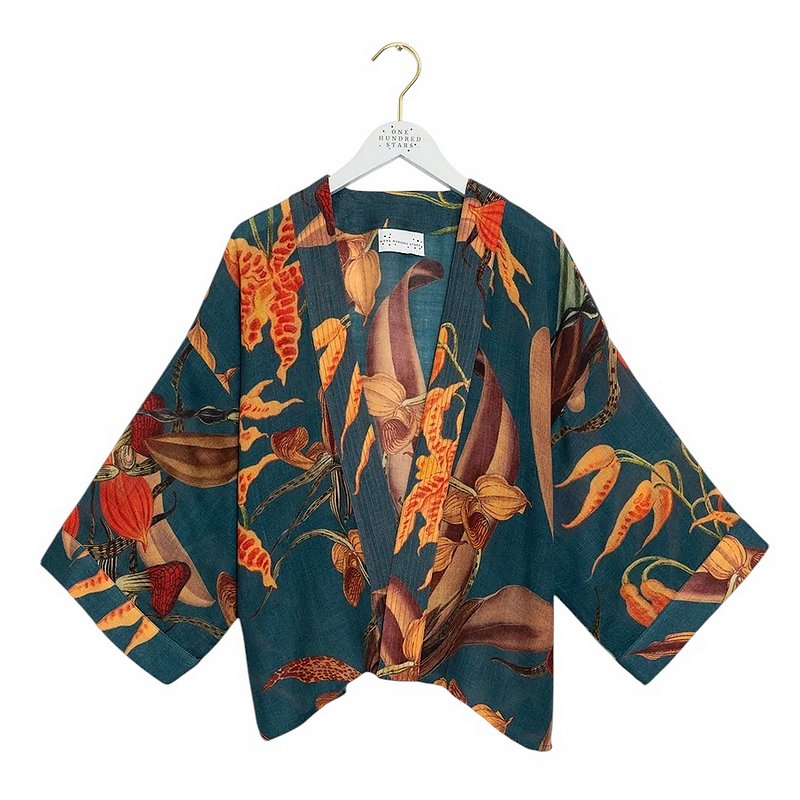 One Hundred Stars Orchid Wool Kimono Teal on hanger