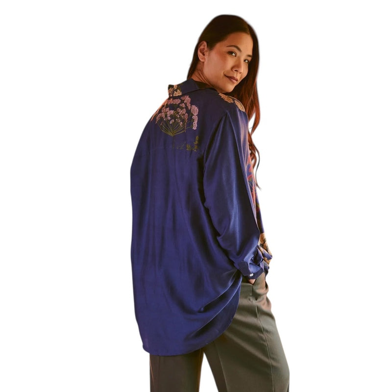 One Hundred Stars Oversized Shirt Parsley Seed Navy on model rear