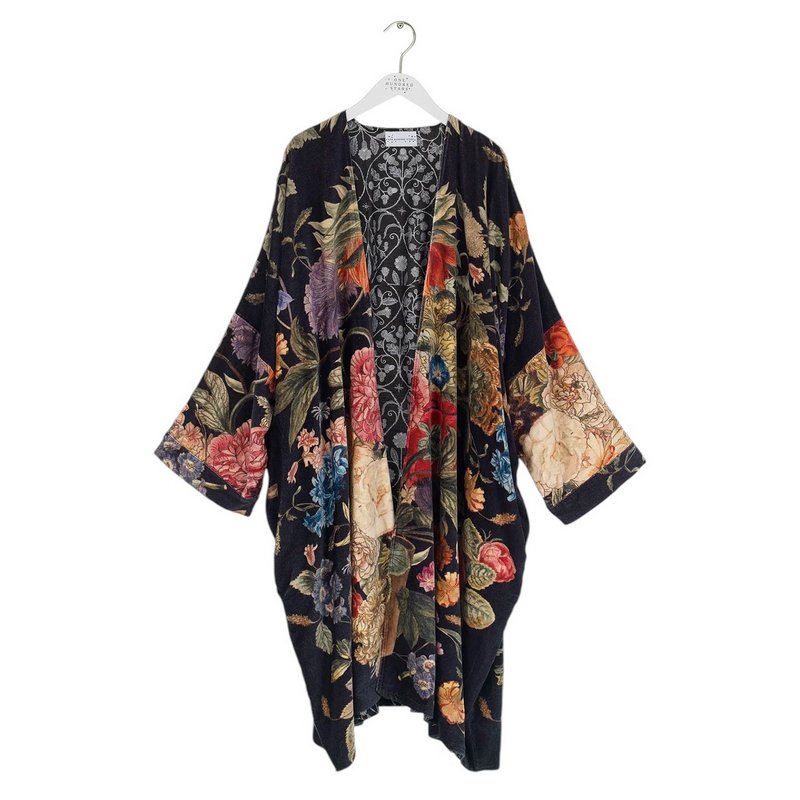 One Hundred Stars Primula Black Velvet Grande Kimono on hanger