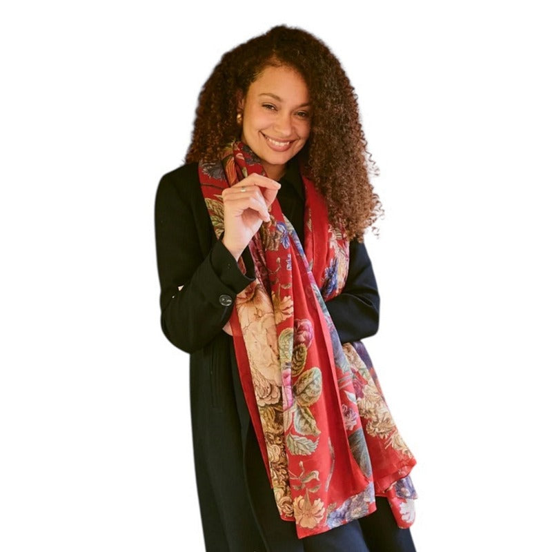 One Hundred Stars Primula Scarf Berry on model close-up