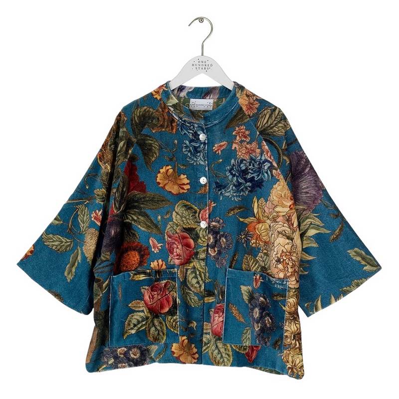 One Hundred Stars Primula Teal Velvet Jacket on hanger