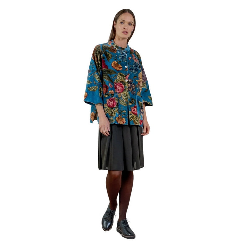 One Hundred Stars Primula Teal Velvet Jacket on model side