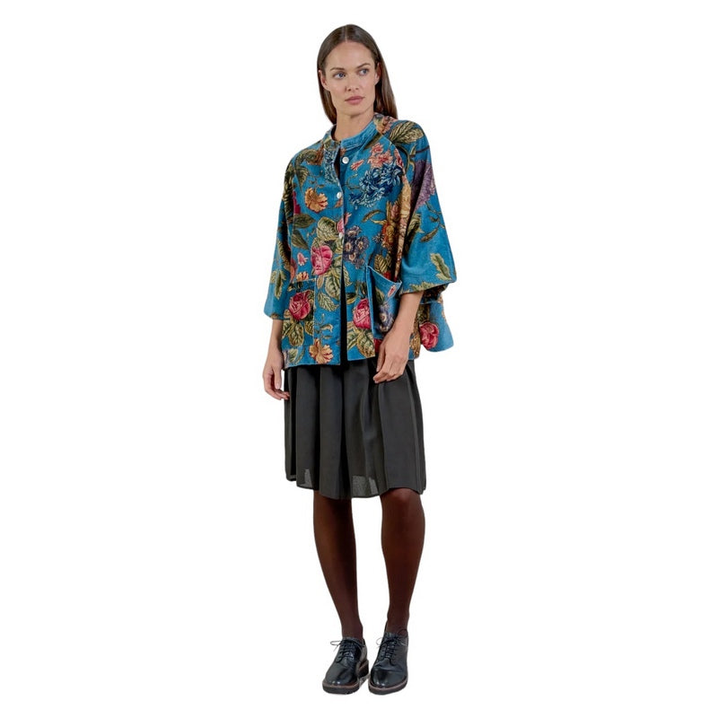 One Hundred Stars Primula Teal Velvet Jacket on model full-length