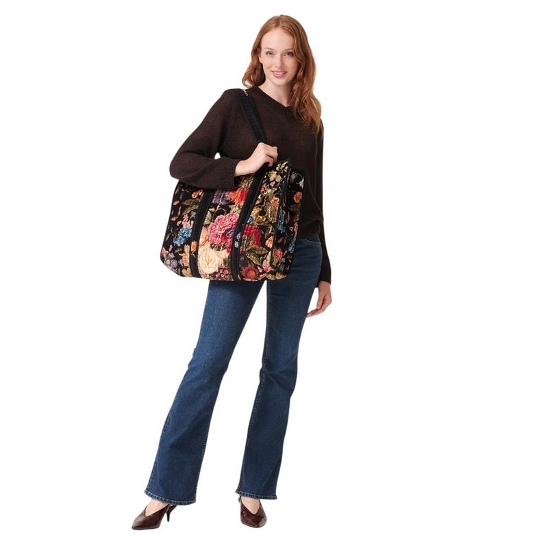 One Hundred Stars Primula Velvet Tote Bag Black on model