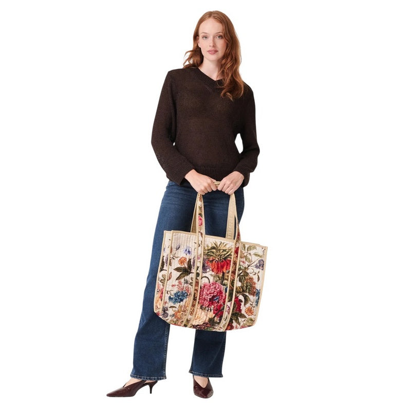 One Hundred Stars Primula Velvet Tote Bag Stone held by model