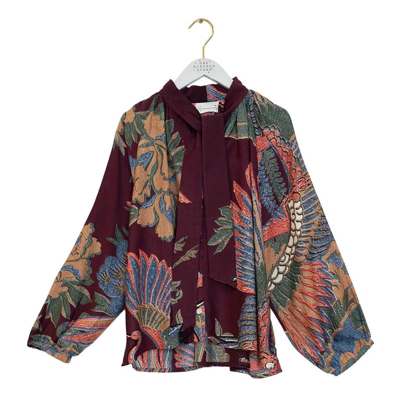 One Hundred Stars Pussy Bow Blouse Crane Plum on hanger