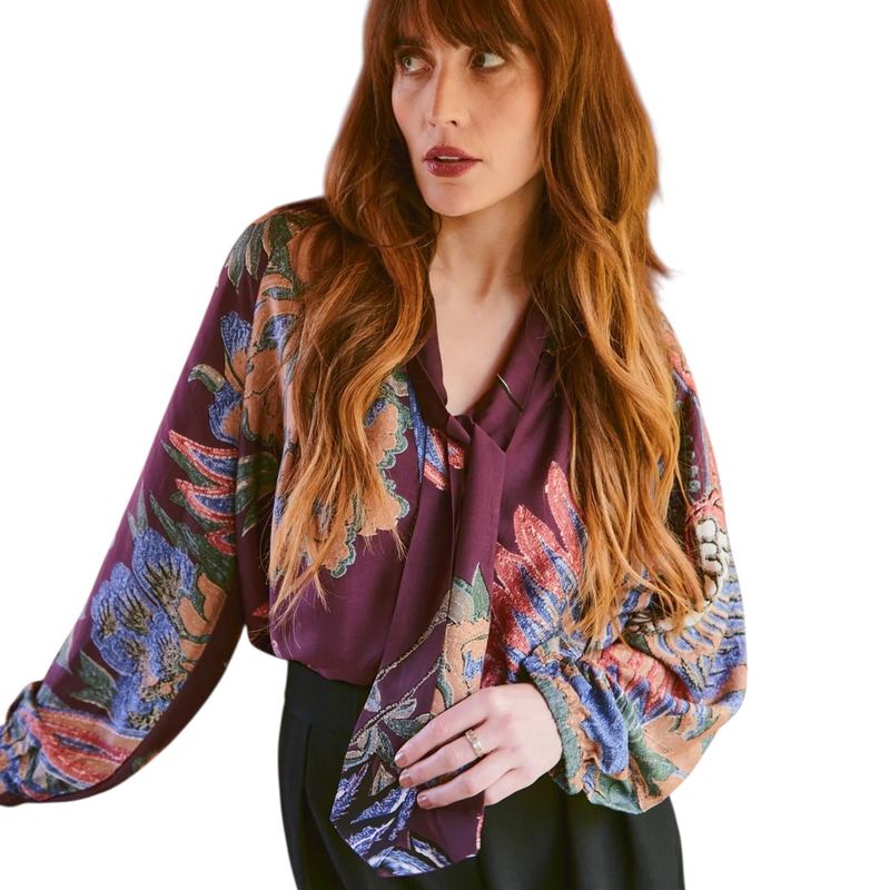 One Hundred Stars Pussy Bow Blouse Crane Plum on model front