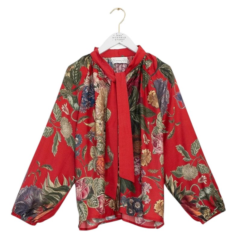 One Hundred Stars Pussy Bow Blouse Primula Berry on hanger