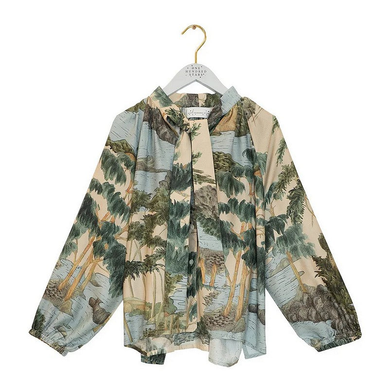 One Hundred Stars Pussy Bow Blouse Rivers and Trees Natural on hanger