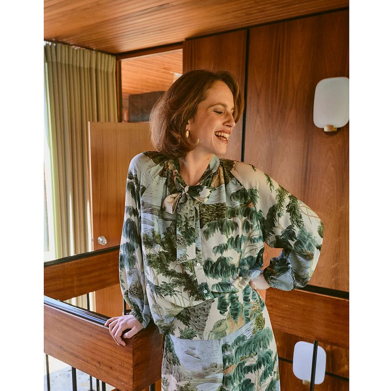 One Hundred Stars Pussy Bow Blouse Rivers and Trees Natural on model lifestyle 2