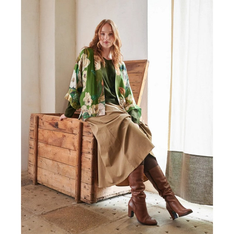 One Hundred Stars Rhodoleia Kimono Green on model lifestyle