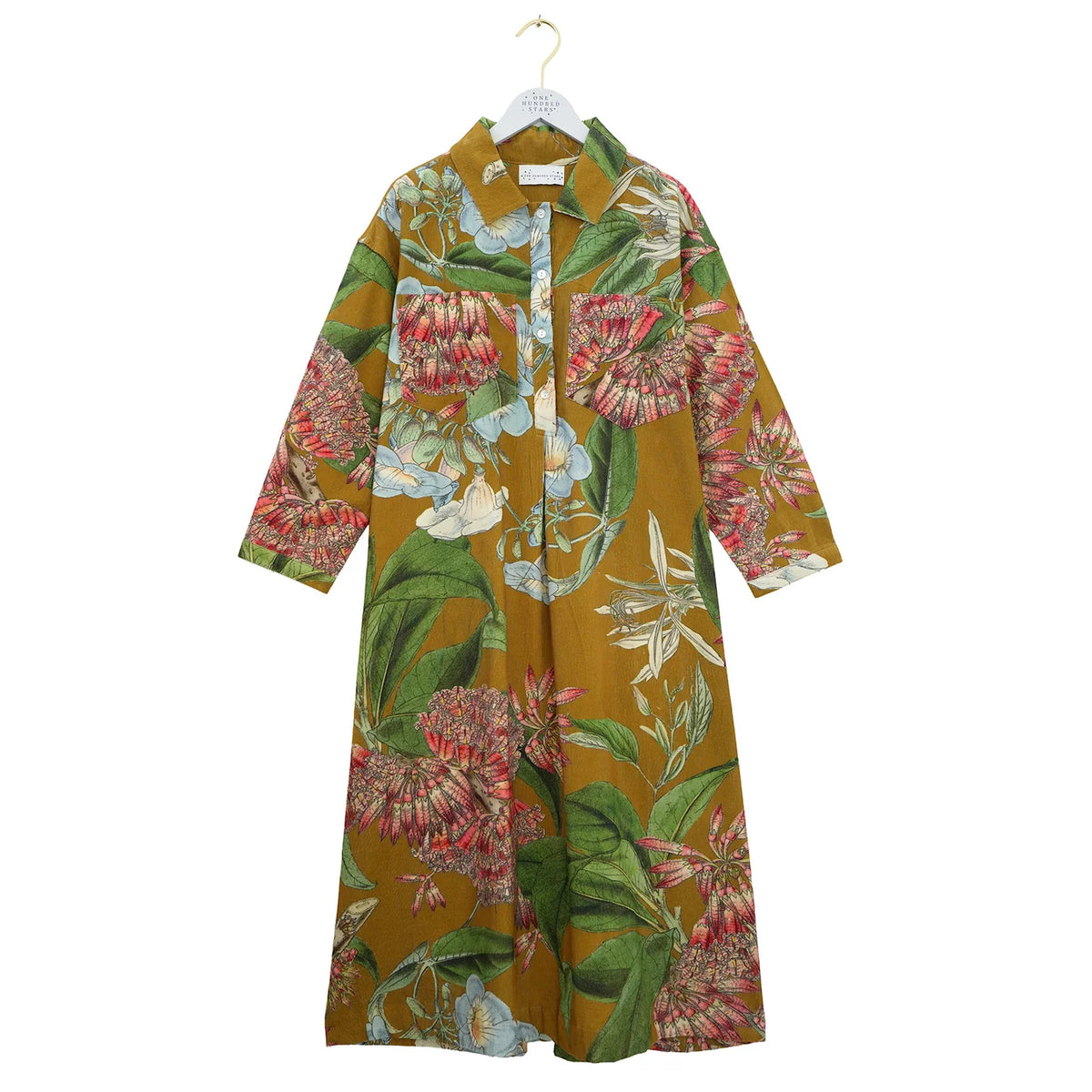 One Hundred Stars Rhodoleia Pocket Dress Gold on hanger