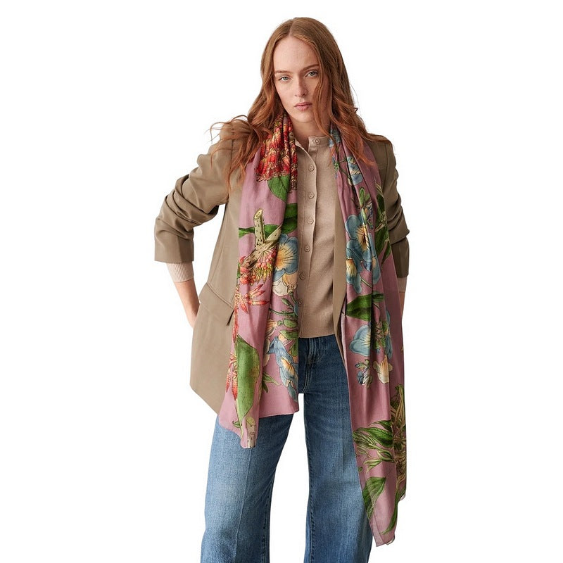One Hundred Stars Rhodoleia Scarf Pink on model