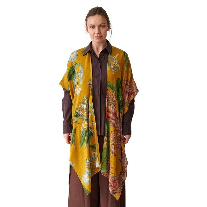 One Hundred Stars Rhodoleia Wool Throwover Gold on model