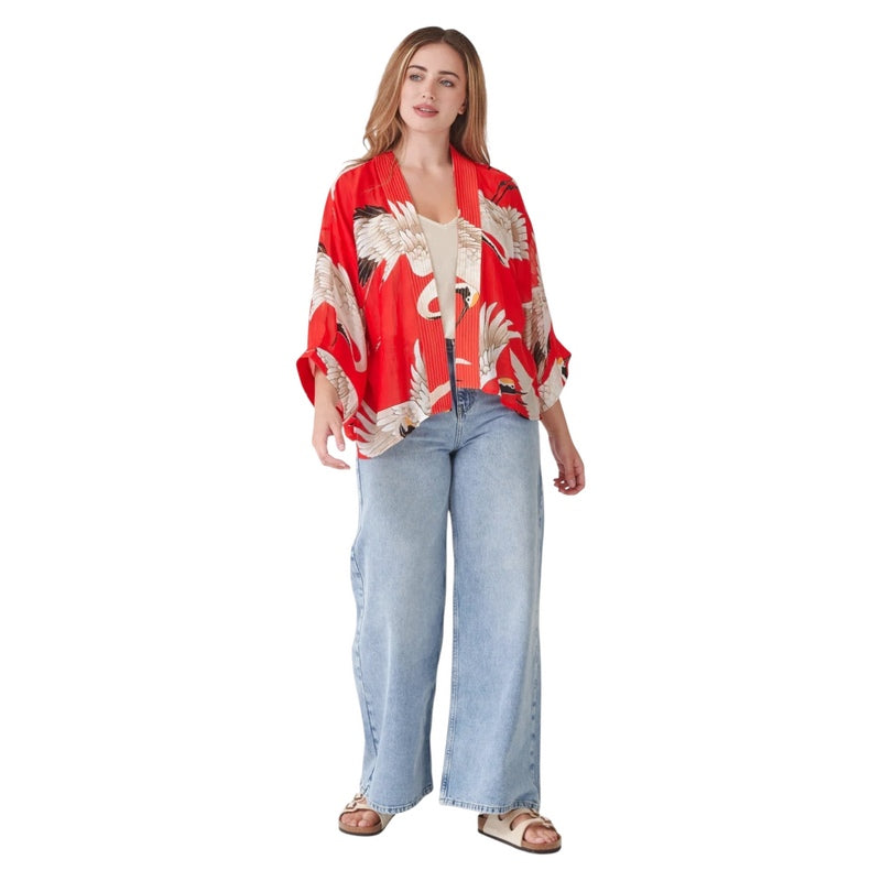 One Hundred Stars Stork Kimono Scarlet on model front