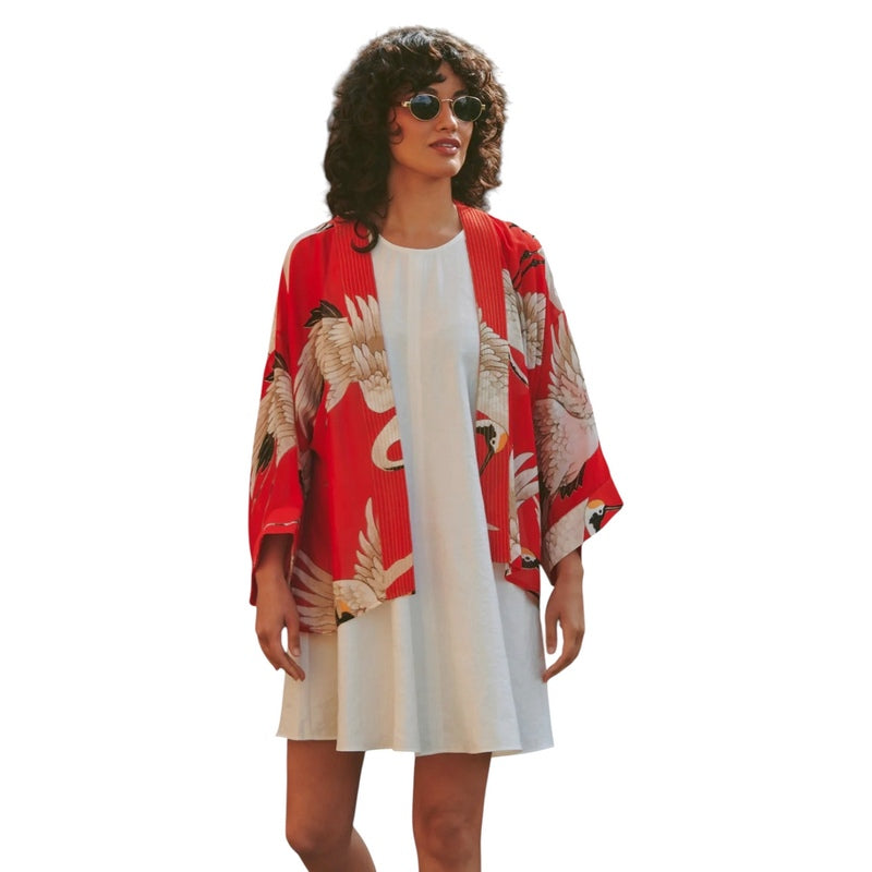 One Hundred Stars Stork Kimono Scarlet on model outside