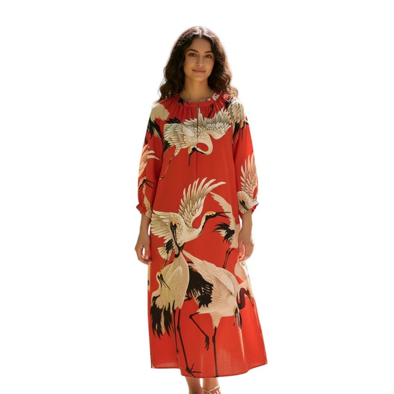 One Hundred Stars Stork Raglan Dress Scarlet on model front