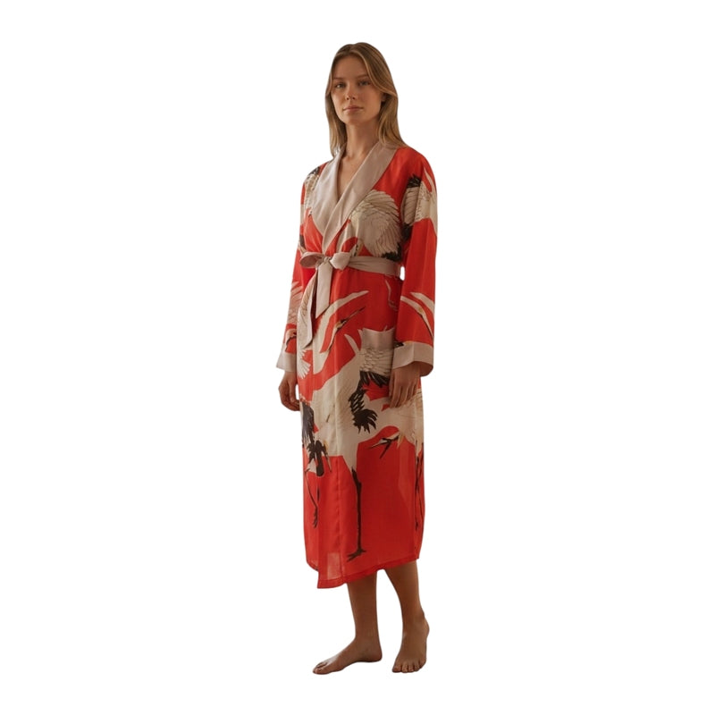 One Hundred Stars Stork Scarlet Dressing Gown on model 1 front