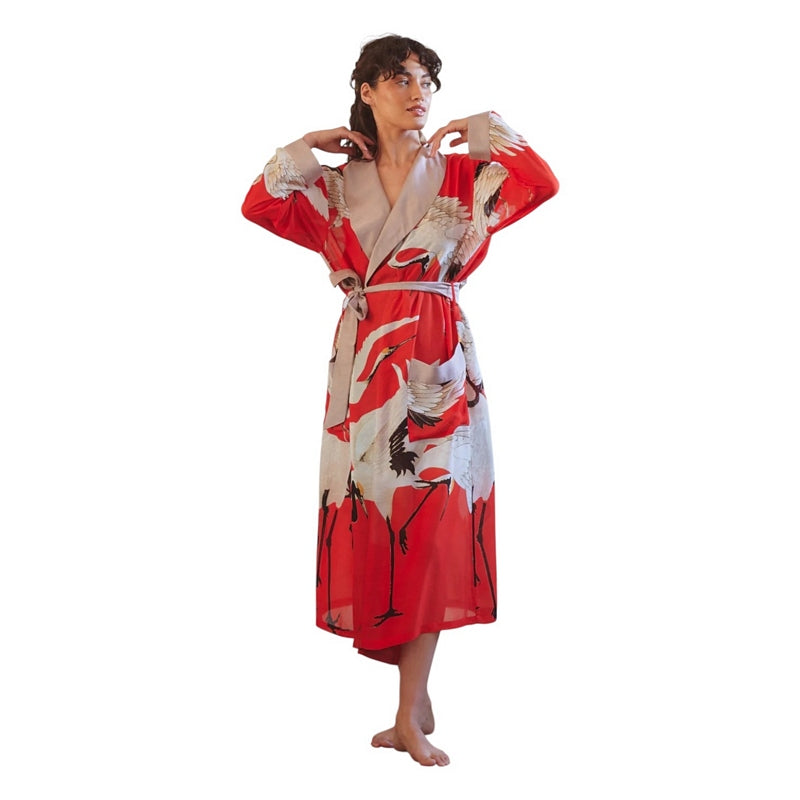 One Hundred Stars Stork Scarlet Dressing Gown on model 2 with arms up
