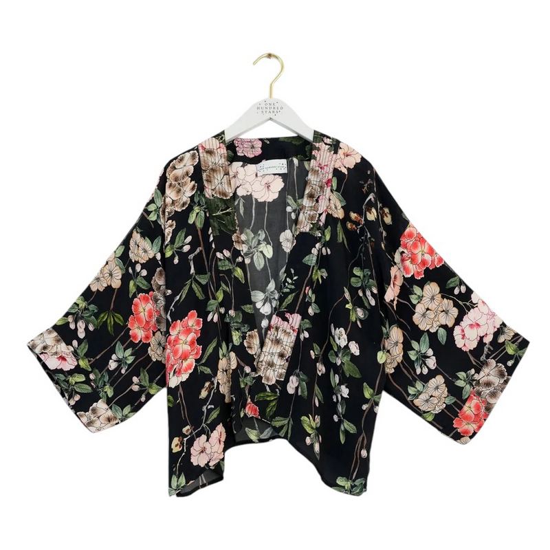 One Hundred Stars Trailing Blossom Black Crepe Kimono on hanger