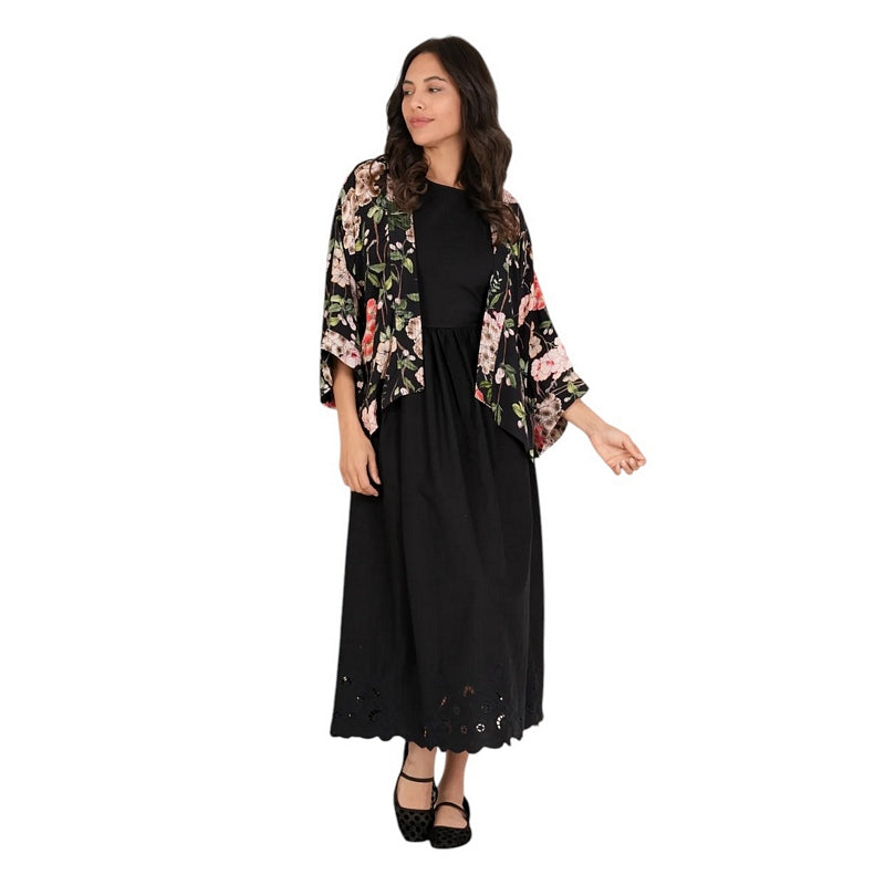 One Hundred Stars Trailing Blossom Black Crepe Kimono on model front 3