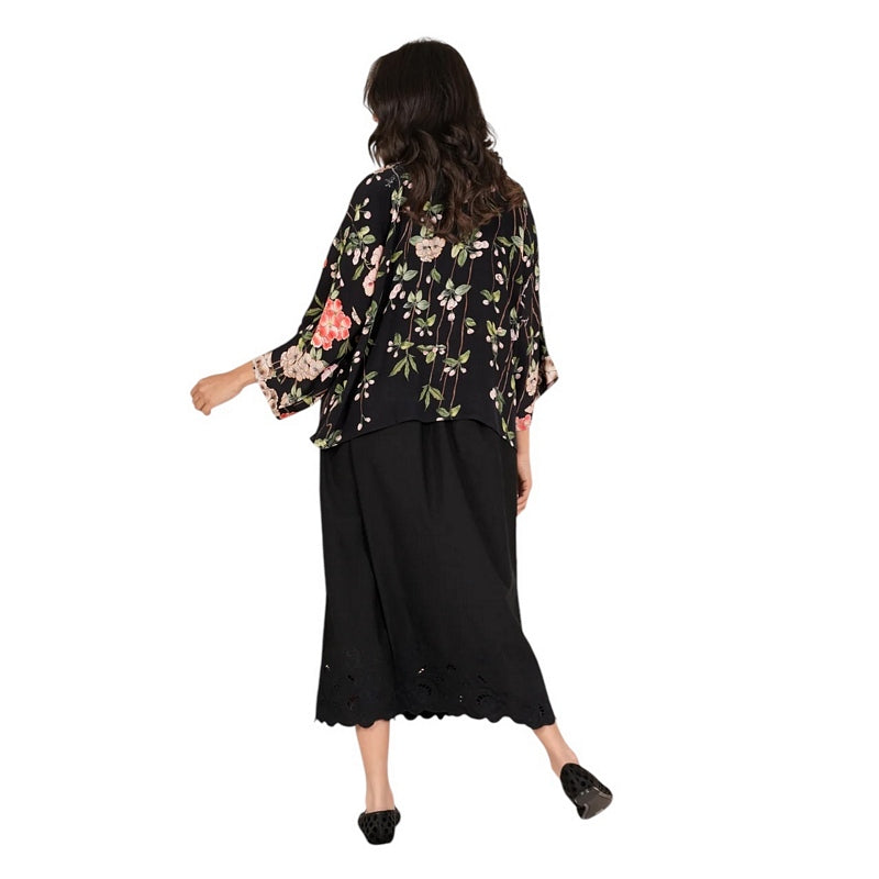 One Hundred Stars Trailing Blossom Black Crepe Kimono on model rear