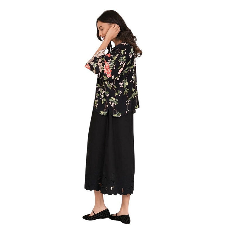 One Hundred Stars Trailing Blossom Black Crepe Kimono on model side