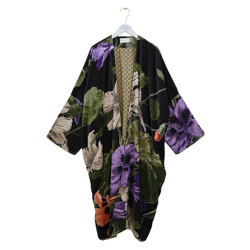 One Hundred Stars Velvet Grande Kimono Nasturtium Black on hanger