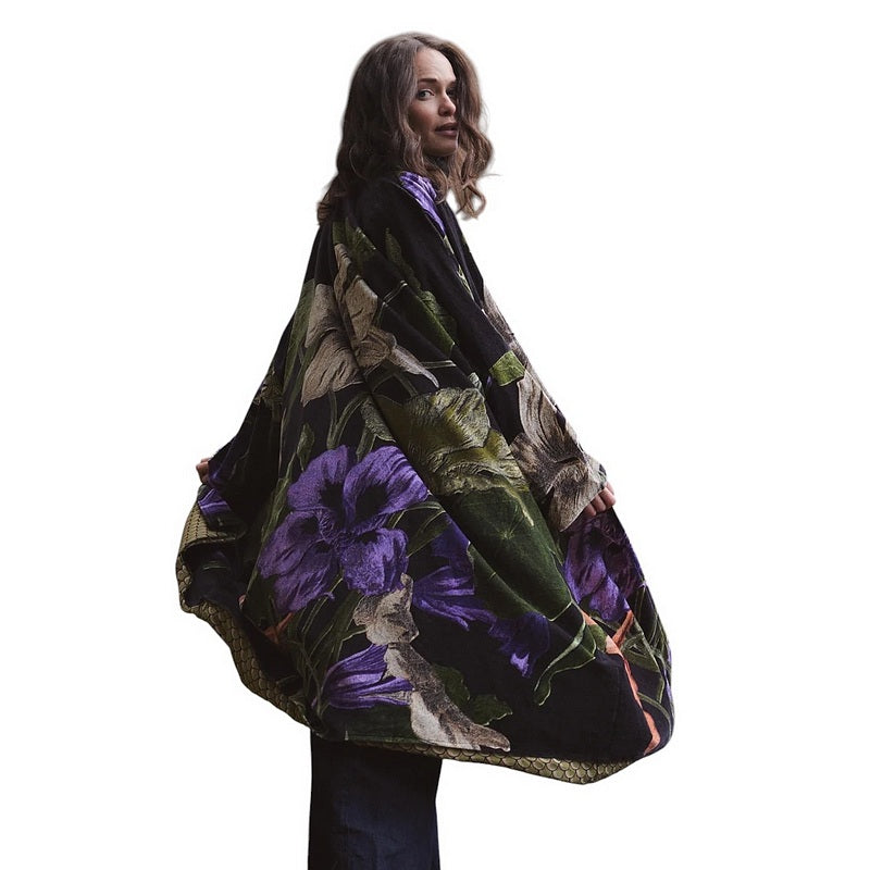 One Hundred Stars Velvet Grande Kimono Nasturtium Black on model side