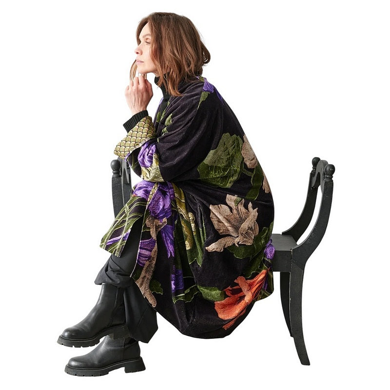One Hundred Stars Velvet Grande Kimono Nasturtium Black on model sitting