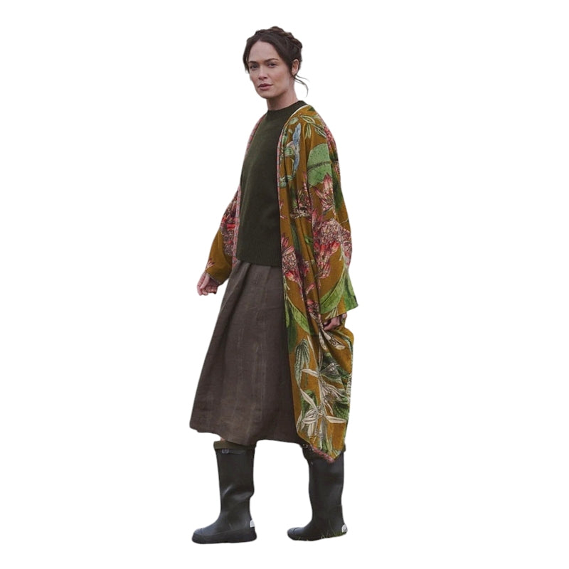 One Hundred Stars Velvet Grande Kimono Rhodoleia Gold on model side