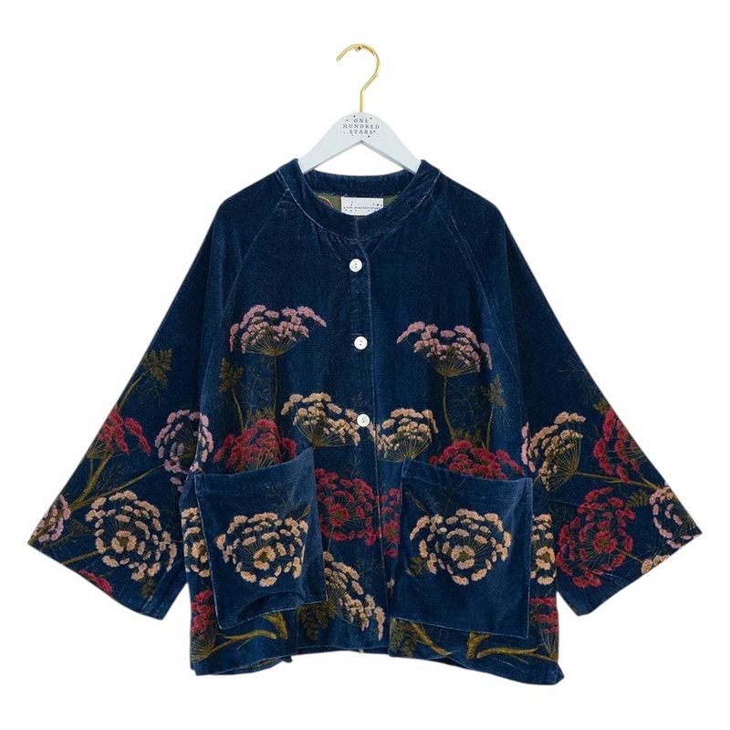 One Hundred Stars Velvet Jacket Parsley Seed Navy on hanger