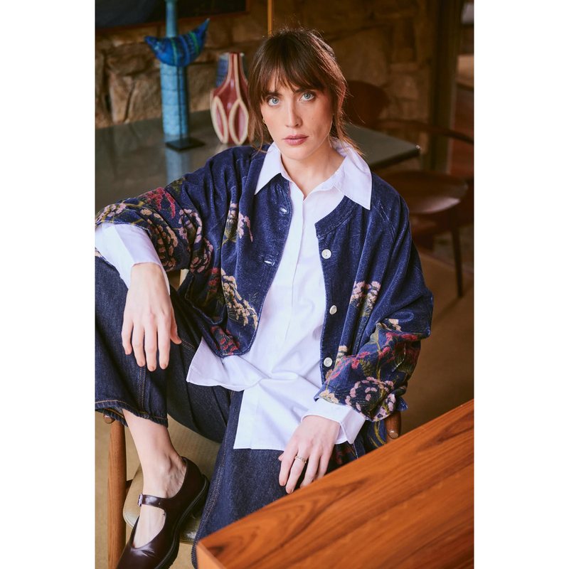 One Hundred Stars Velvet Jacket Parsley Seed Navy on model ifestyle