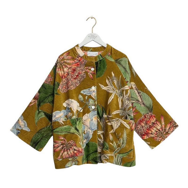 One Hundred Stars Velvet Jacket Rhodoleia Gold on hanger
