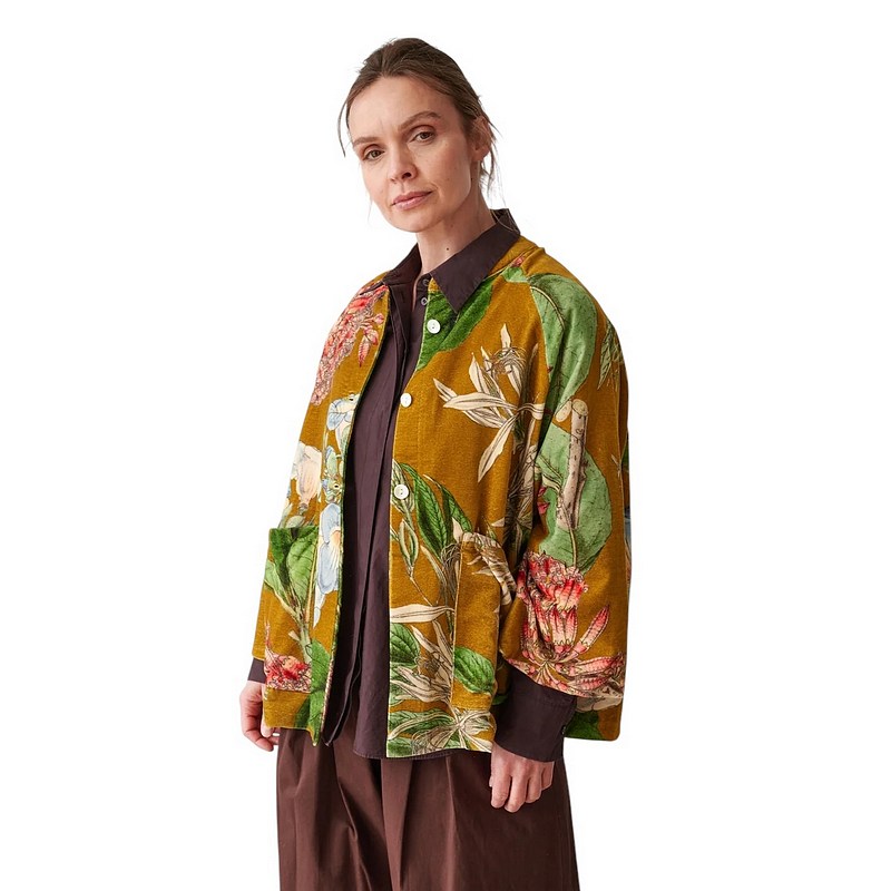 One Hundred Stars Velvet Jacket Rhodoleia Gold on model front