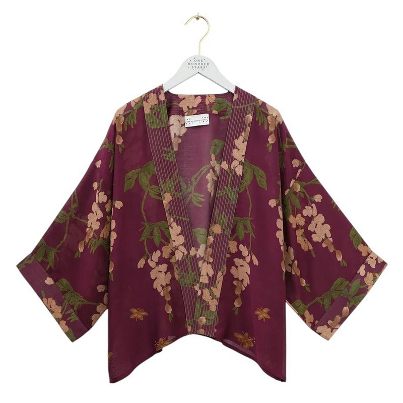 One Hundred Stars Wisteria Kimono Plum on hanger