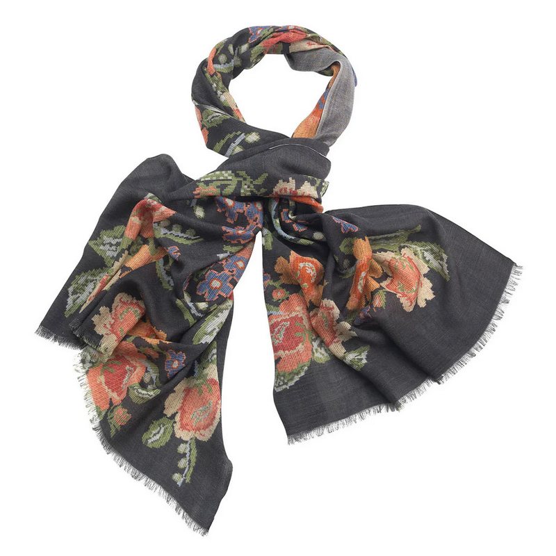 One Hundred Stars Woven Flower Black Wool Scarf looped