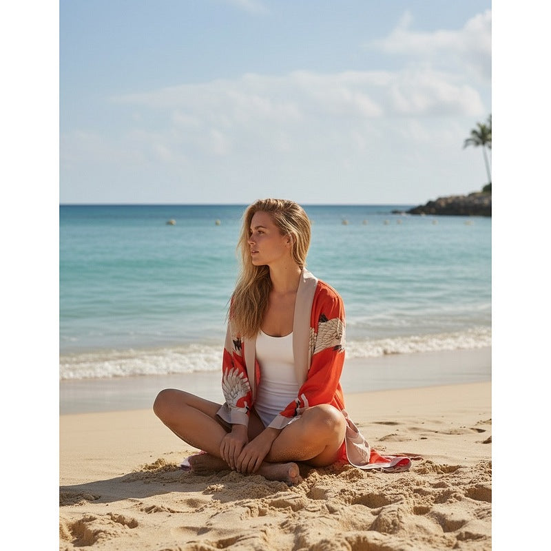 One Hundred Stars Stork Scarlet Dressing Gown on model sitting on beach