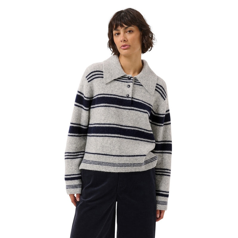 Part Two Clothing Carilina Pullover Grey With Navy Stripes 30310869-305330 on model front