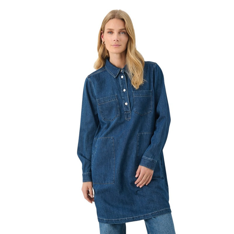 Part Two Clothing Stine Cotton Dress in Medium Blue Denim 30308572-300145 on model front