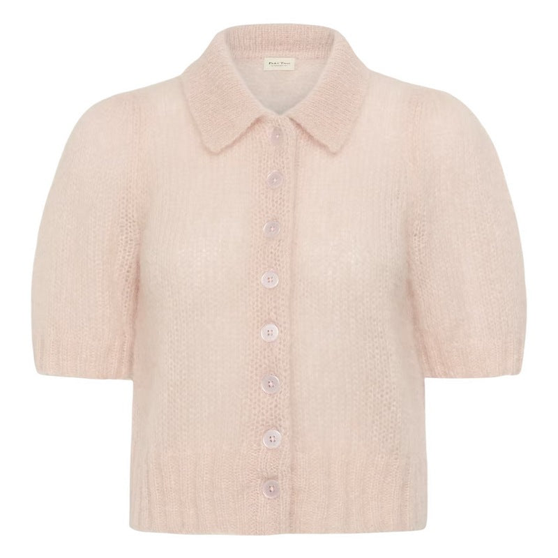 Part Two Clothing Vernoni Knitted Mohair Short Sleeve Cardigan Mauve Chalk front