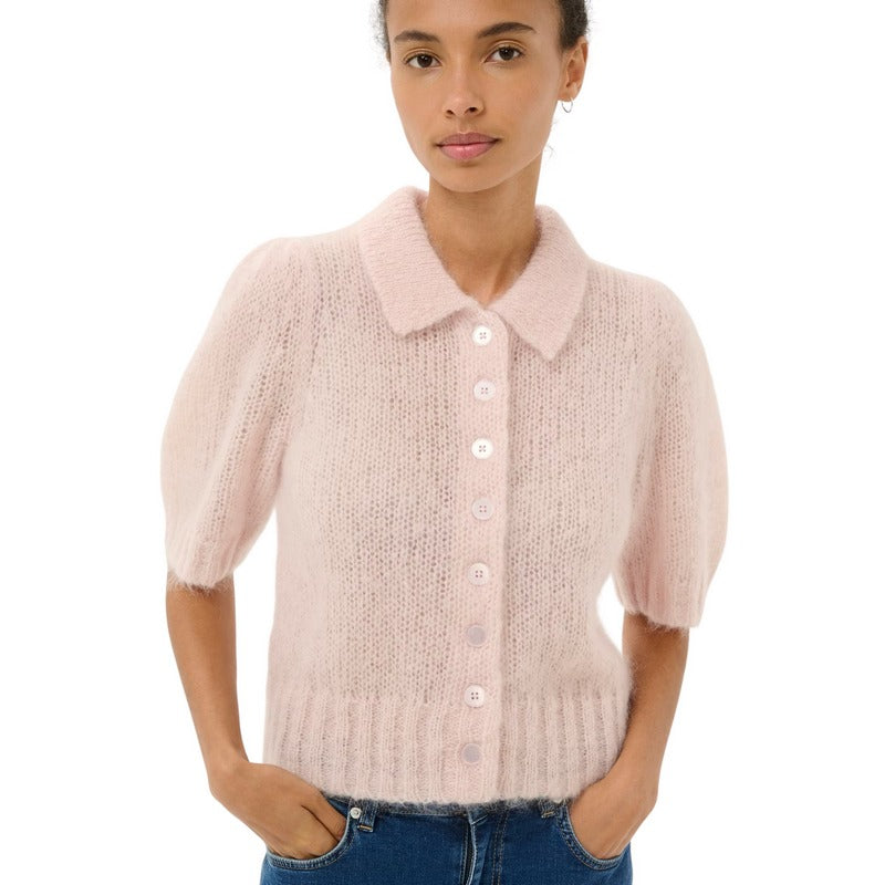 Part Two Clothing Vernoni Knitted Mohair Short Sleeve Cardigan Mauve Chalk on model detail