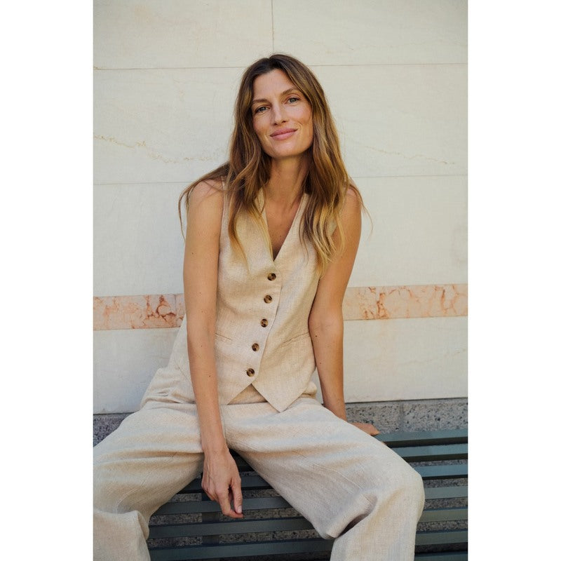 Part Two Nadhia Ramie-Linen Waistcoat in French Oak Melange on model lifestyle