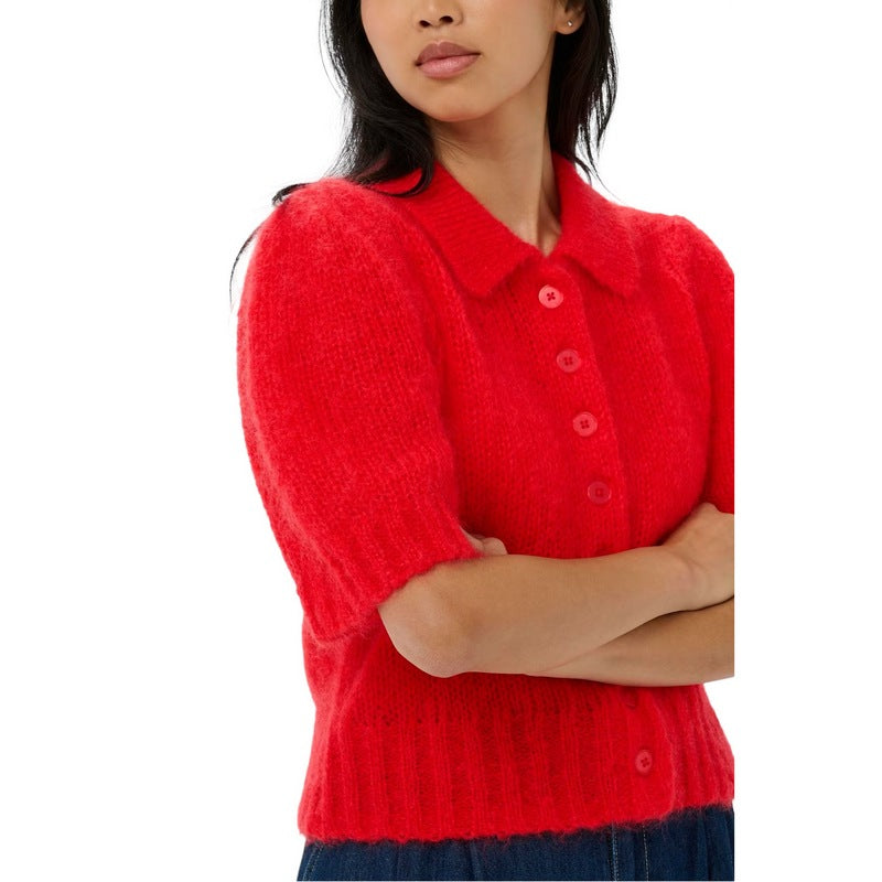 Part Two Vernoni Knitted Mohair Short Sleeve Cardigan Red Poppy on model detail