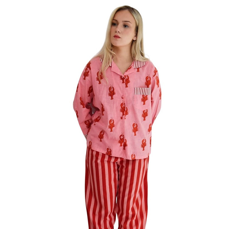 Pink & Red Lobster Print Stripy Trim Pyjamas on model front