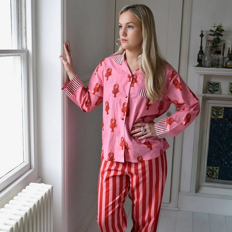 Pink & Red Lobster Print Stripy Trim Pyjamas on model lifestyle front
