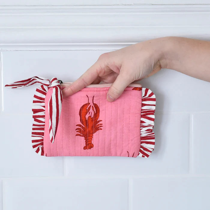 Pink and Red Lobster Print Quilted Mini Make-Up Bag QPB469 held by model front