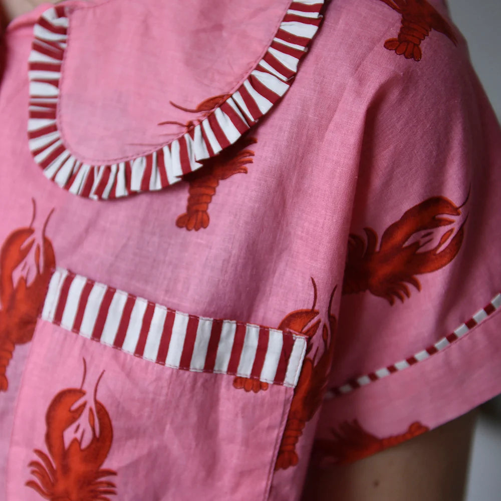 Pink and Red Lobster Print Stripy Trim Short Pyjamas SPJ469 top detail