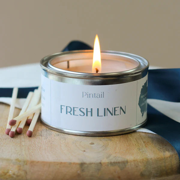 Pintail Candle Fresh Linen Paint Pot Candle lifestyle lit
